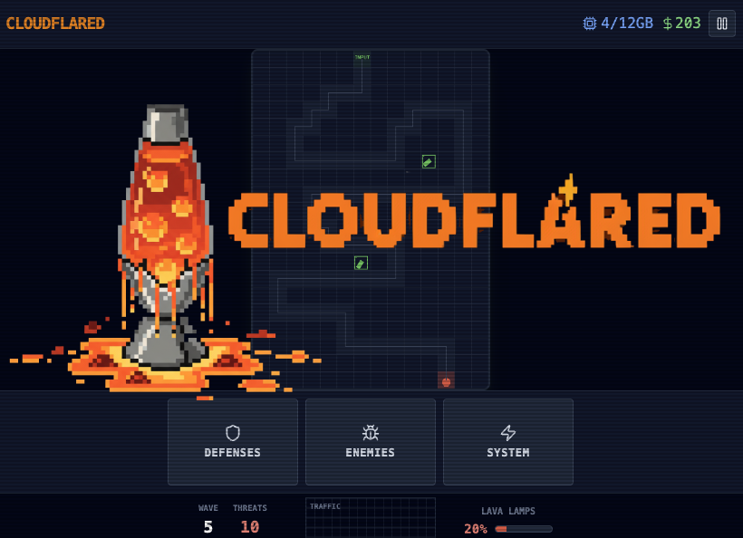 Cloudflared Tower Defense game showing the title screen with pixel art lava lamp and game UI