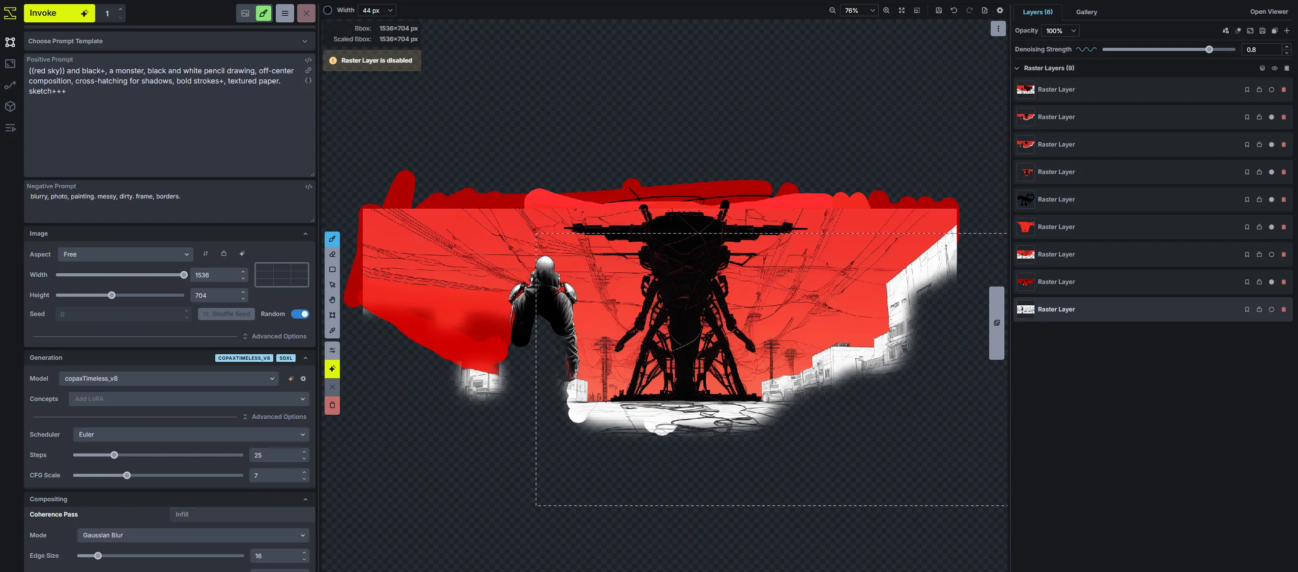 Screenshot of the new InvokeAI interface (version 5) showing a more integrated canvas-based layout