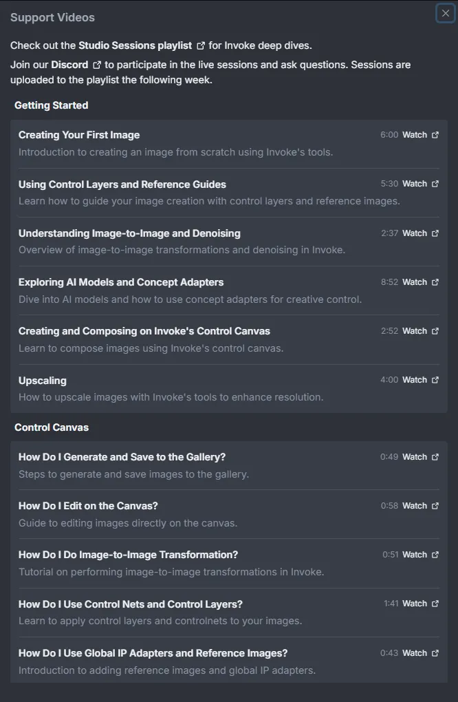 Screenshot of the InvokeAI help section showing video tutorials available to users