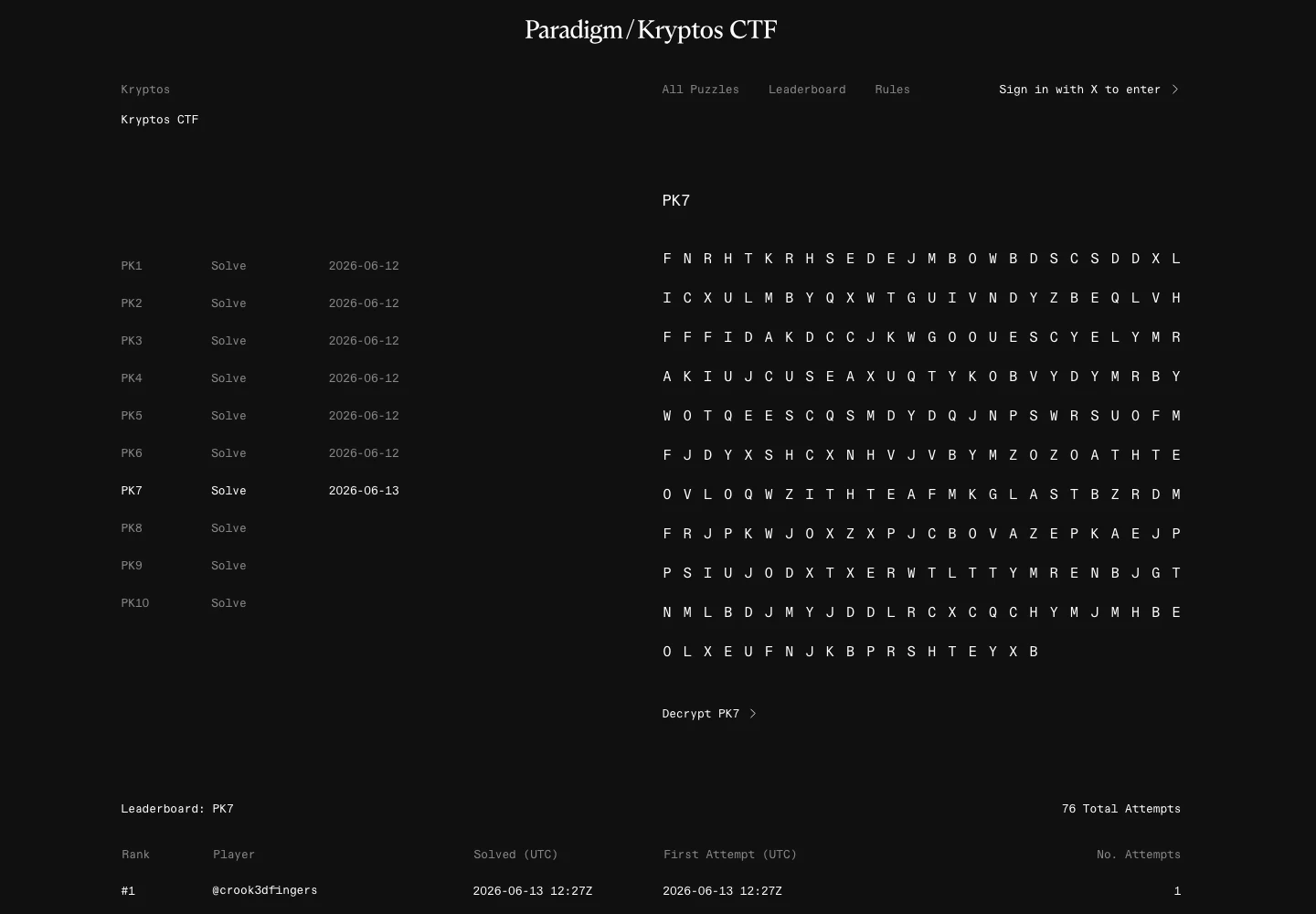 The official Paradigm Kryptos CTF page for PK7, showing its ciphertext and leaderboard