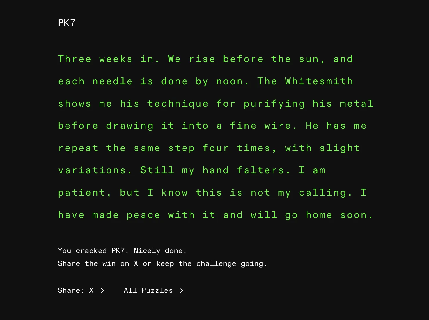 The solved PK7 page showing the recovered plaintext about the Whitesmith