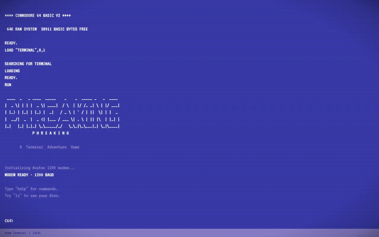 PHREAKING boot screen showing Commodore 64 BASIC startup and ASCII art title