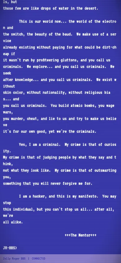 Reading the Hacker's Manifesto on a BBS
