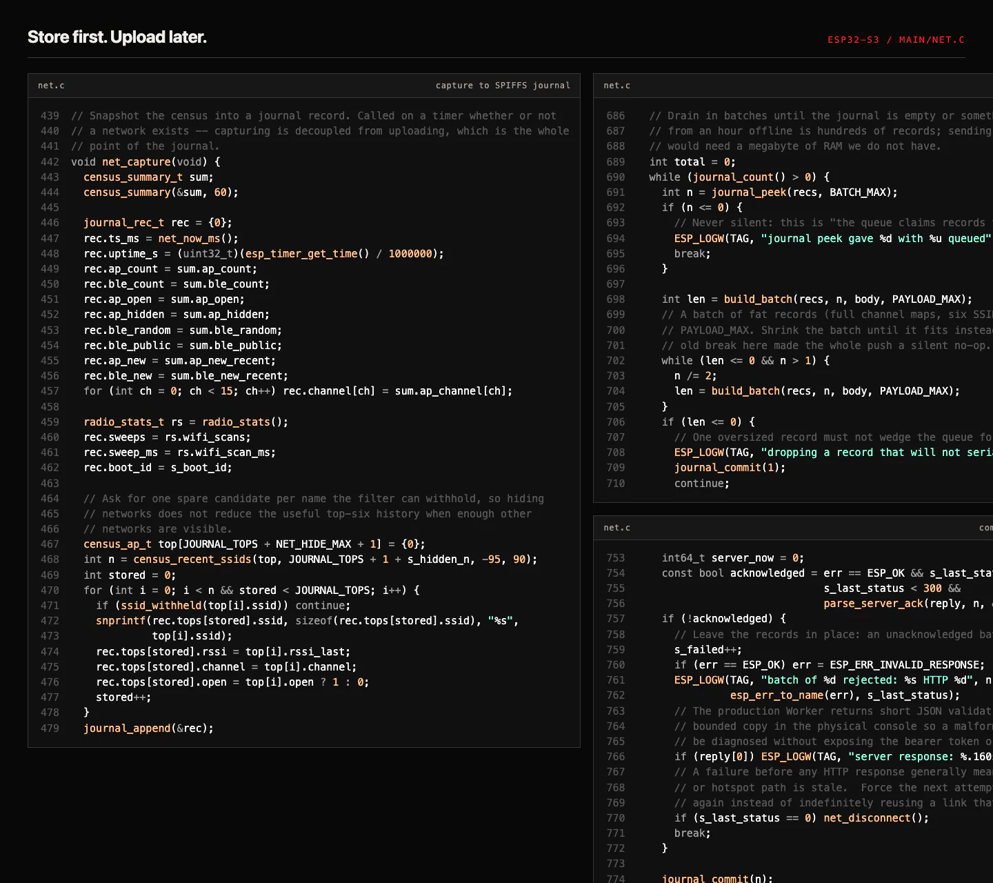 ESP32 C code for offline journaling and acknowledged batch uploads
